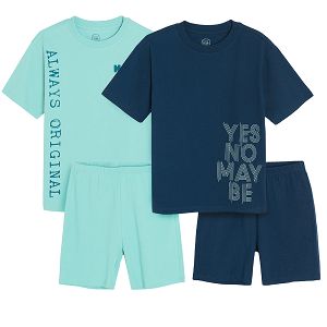 Light blue and blue short sleeve blouse and shorts pyjamas