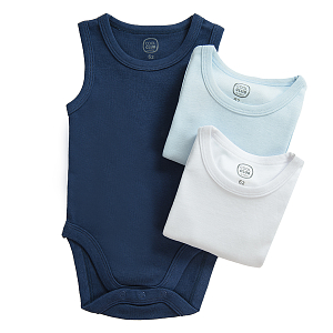White, light blue and dark blue sleeveless bodysuits- 3 pack