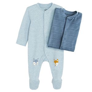 Blue stripped and light blue with fox print footed bodysuits- 2 pack