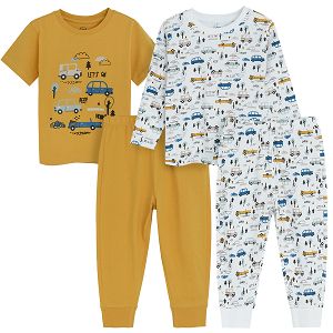 White long sleeve and yellow short sleeve pyjamas with trucks print- 2 pack