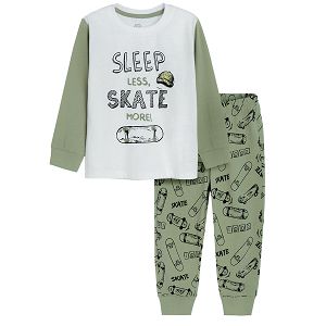 White and green pyjamas with skateboard print
