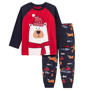 Pyjamas, blue long sleeve blouse and pants with bear and Christmas prints