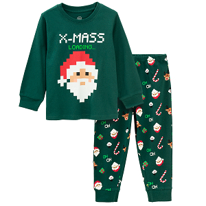 Pyjamas, green long sleeve blouse and pants with Santa Claus prints
