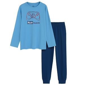 Πυτζάμες σετ μπλούζα μακρυμάνικη με στάμπα τηλεχειριστήριο και παντελόνι φόρμα μπλε