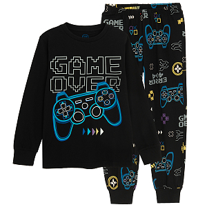 Black pyjamas with gaming print, long sleeve blouse and long pants