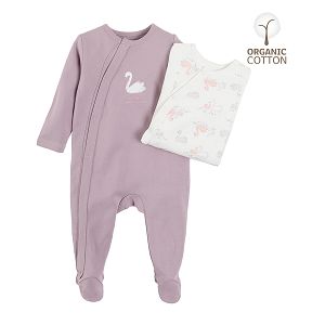 Purple and white with swans footed zip through sleepsuit 2-pack