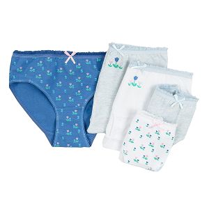 Blue light blue and white floral and bows briefs 5-pack