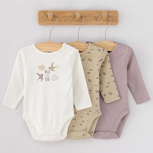 White lilac and brown long sleeve bodysuit with birds print- 3 pack