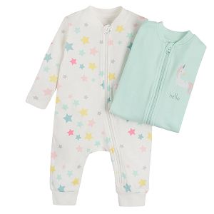 White and light green long sleeve sleepsuits with unicorn prints- 2 pack