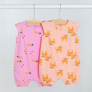 Violet short sleeve with giraffe and yellow with cats print rompers- 2 pack