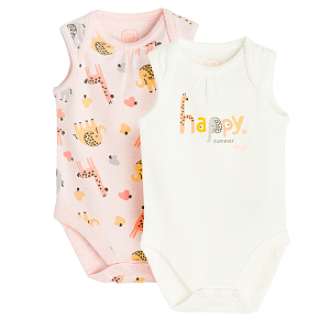 White and light pink sleeveless bodysuits with jungle animals and Happy Summer print- 2 pack