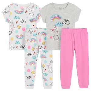 White and pink short sleeves and pants pyjamas with bunnies print- 2 pack