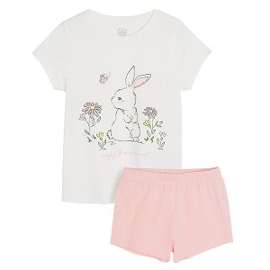 White short sleeve blouse with bunny in a gardern and pink shorts pyjamas