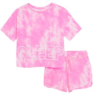 Πυτζάμες κοντομάνικη μπλούζα ροζ με στάμπα SLEEP και ροζ με εφέ tie dye