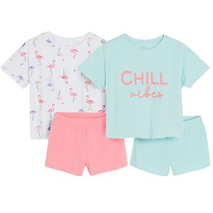 White with flamingos and pink shorts and light blue short sleeve blouse and shorts pyjamas- 2 pack