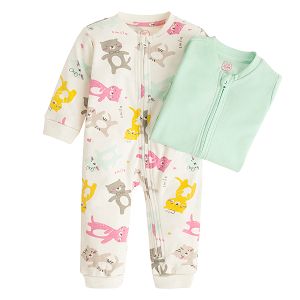 White with kittens prints and grey footless and side zipper overalls- 2 pack