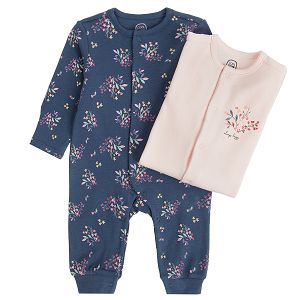 Pink and blue with floral prints footless overalls- 2 pack