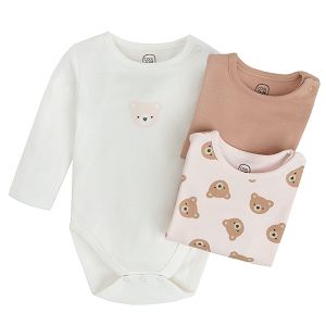 White, ecru and brown long sleeve bodysuits with bear print- 3 pack