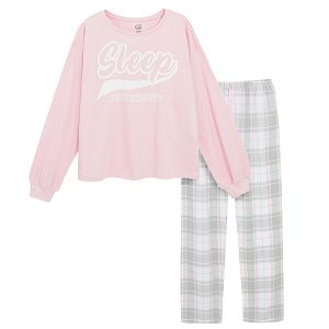 Pink  long sleeve blouse and checked trousers pyjamas