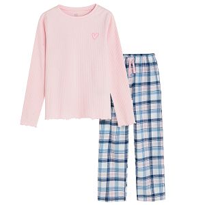 Πυτζάμες σετ μπλούζα μακρυμάνικη ροζ και παντελόνι φόρμα καρό μπλε