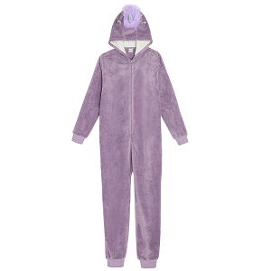 Purple overall footless hooded pyjamas with unicorn hood