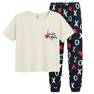 White short sleeve T-shirt and blue pants pyjamas with hearts print- 2 pieces