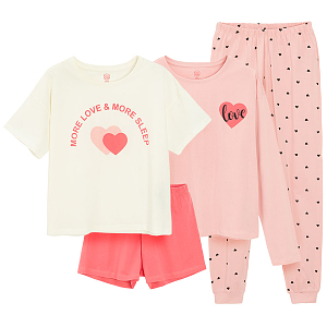 Pyjamas, white short sleeve MORE LOVE & MORE SLEEP print with hearts and shorts and pink long sleeve with long pants- 2 pack