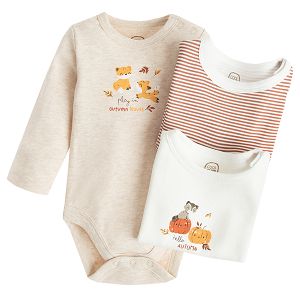 White, grey, and striped long sleeve bodysuits with pumpkin prints