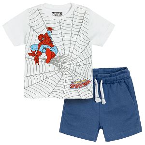 Σετ μπλούζα κοντομάνικη λευκή με στάμπα Spiderman και μπλε σορτς με λάστιχο