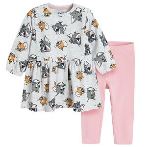 Grey Tom and Jerry long sleeve dress and light pink leggings set