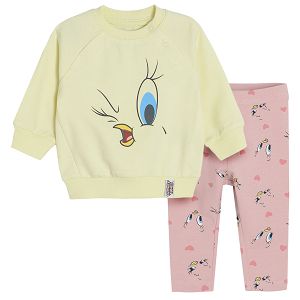 Looney Tunes cream sweatshirt with pink leggings set