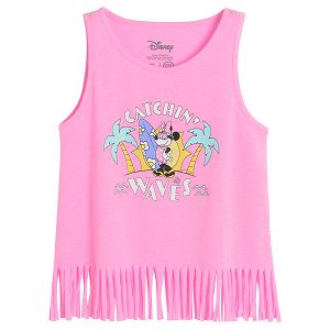 Fluo pink sleeveless T-shirt with fringes