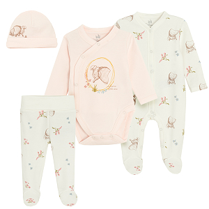Dumbo the Elephant pink wrap long sleeve bodysuit, footed leggings, long sleeve footed overall and hat- 4 pieces