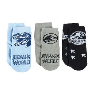 Κάλτσες 3 ζεύγη γαλάζιο, λευκό και γκρι με αντιολισθητικές σόλες και στάμπα Jurassic Park