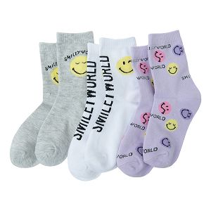 Κάλτσες 3 ζεύγη γκρι, λευκές και μωβ με στάμπα SMILEY WORLD