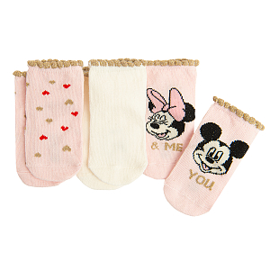 Mickey and Minnie Mouse, white and pink with hearth print socks- 3 pack
