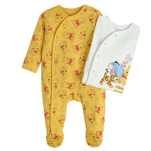Winnie the Pook white and yellow long sleeve wrap footed overalls- 2 pack