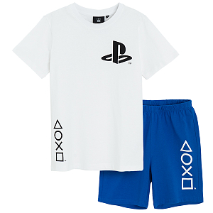 Playstation white and blue pyjamas, short sleeve blouse and shorts