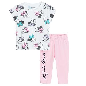 Πυτζάμες σετ μπλούζα κοντομάνικη και παντελόνι ροζ λευκό με στάμπα Minnie Mouse