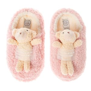 Pink fluffy slippers with bear on top