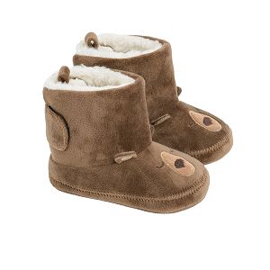 Brown newborn slippers with bear pattern