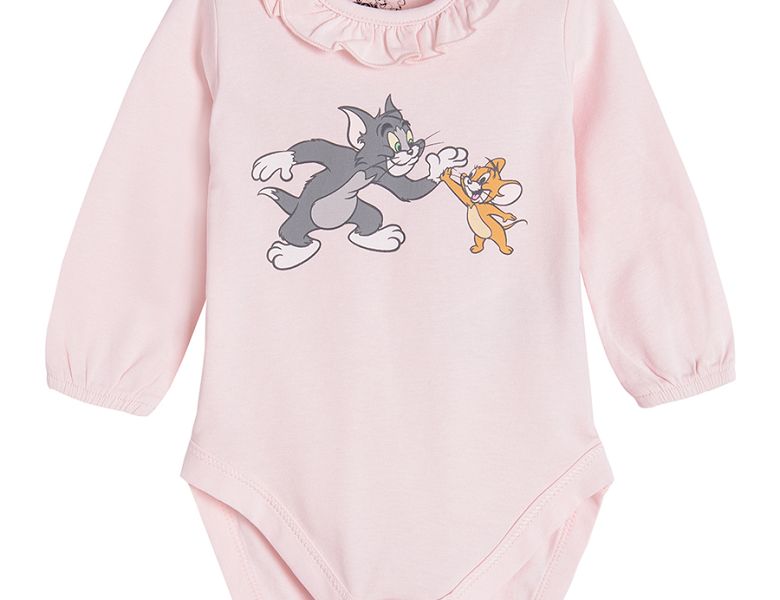 Light pink Tom and Jerry long sleeve bodysuit with ruffle on the neckline |  Coolclub