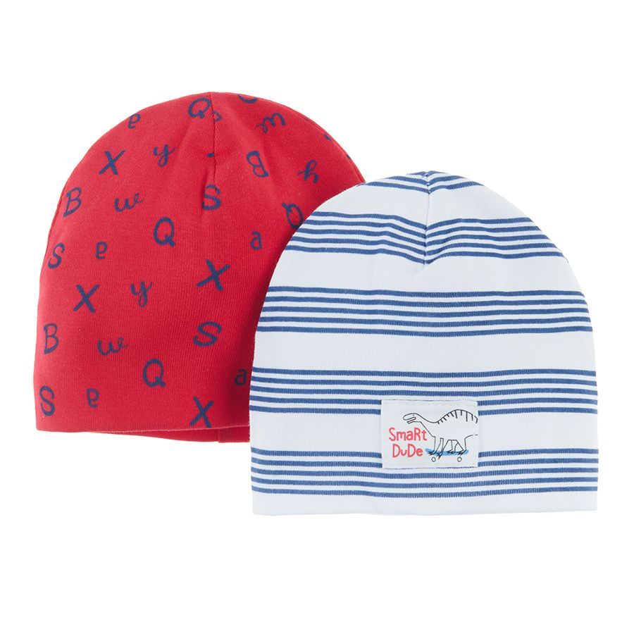 Red with letters print and white striped all year round beanies - 2 pack