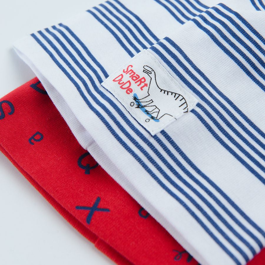 Red with letters print and white striped all year round beanies - 2 pack