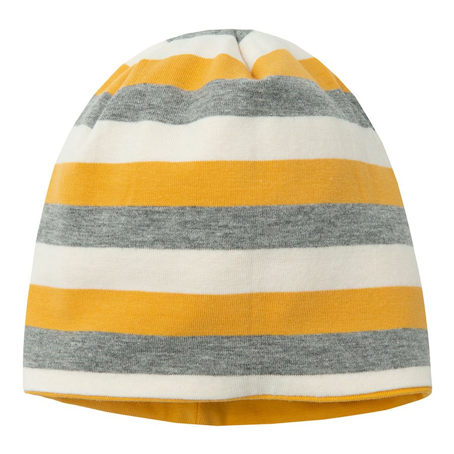 Yellow cap with dinosaur print and striped lining