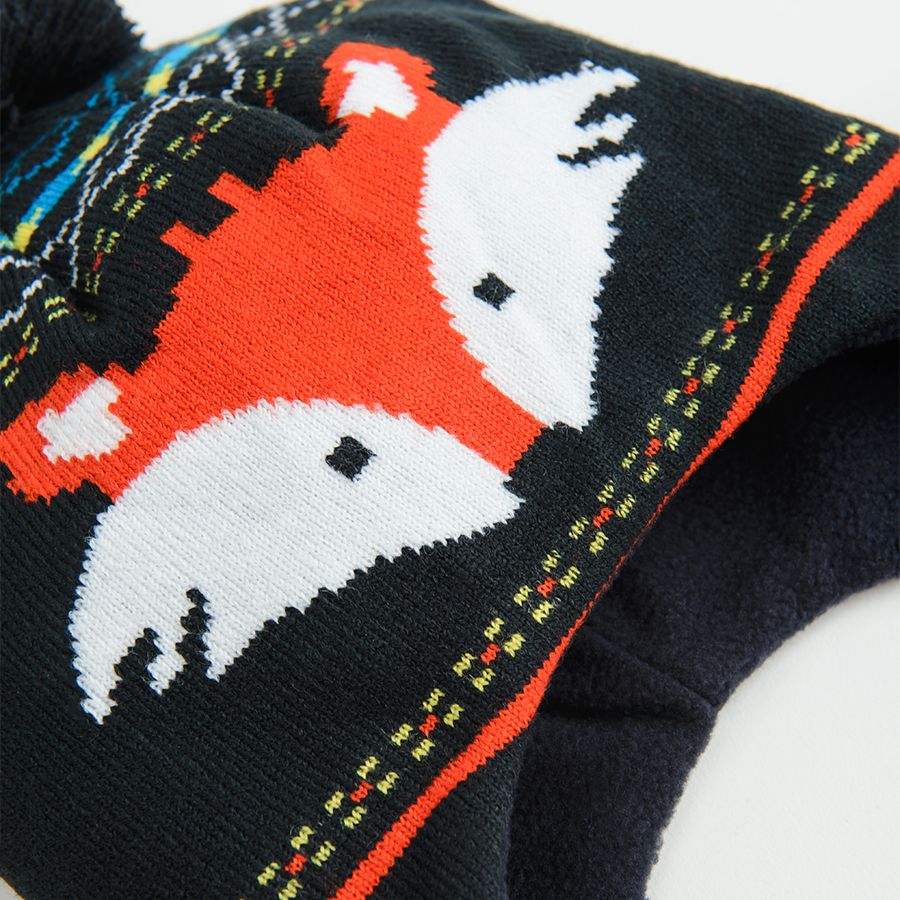 Blue cap with fox print and pom pom