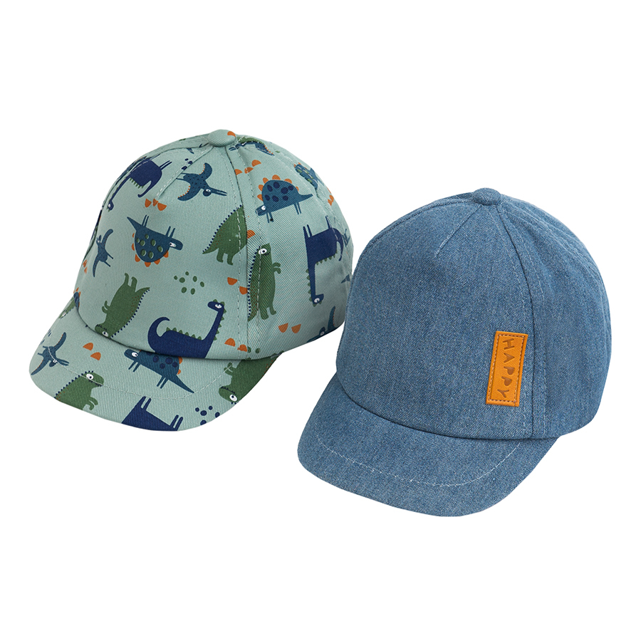 Denim and green with dinosaurs print jockey hat- 2 pieces