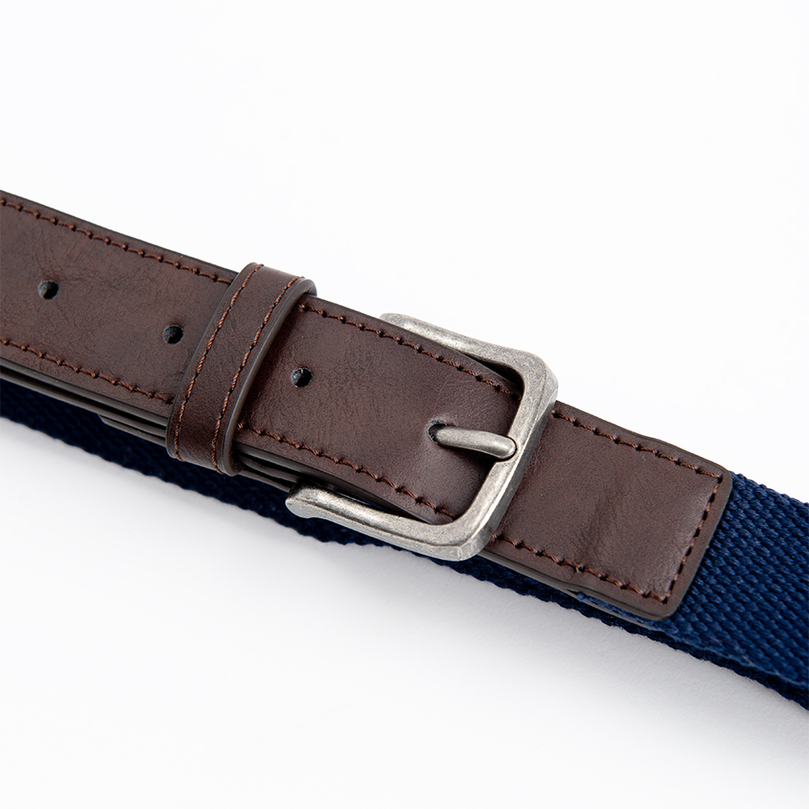 Blue belt with brown leather details