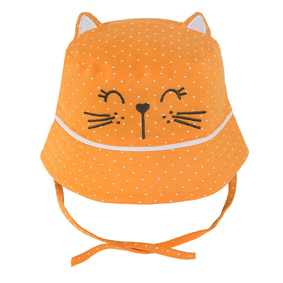 Brimmed summer cap with kitten print and ears ties around the neck