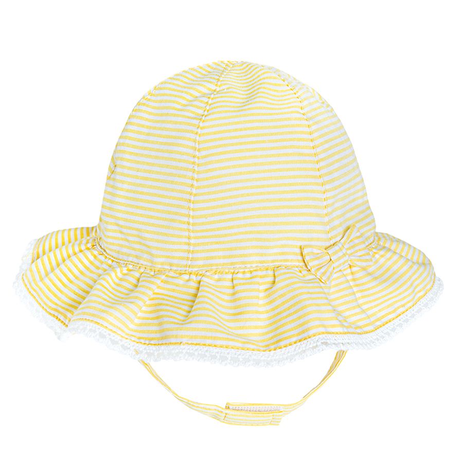 Καπέλο ψαράδικο λευκό κίτρινο με φιόγκο δαντέλα και κορδόνια